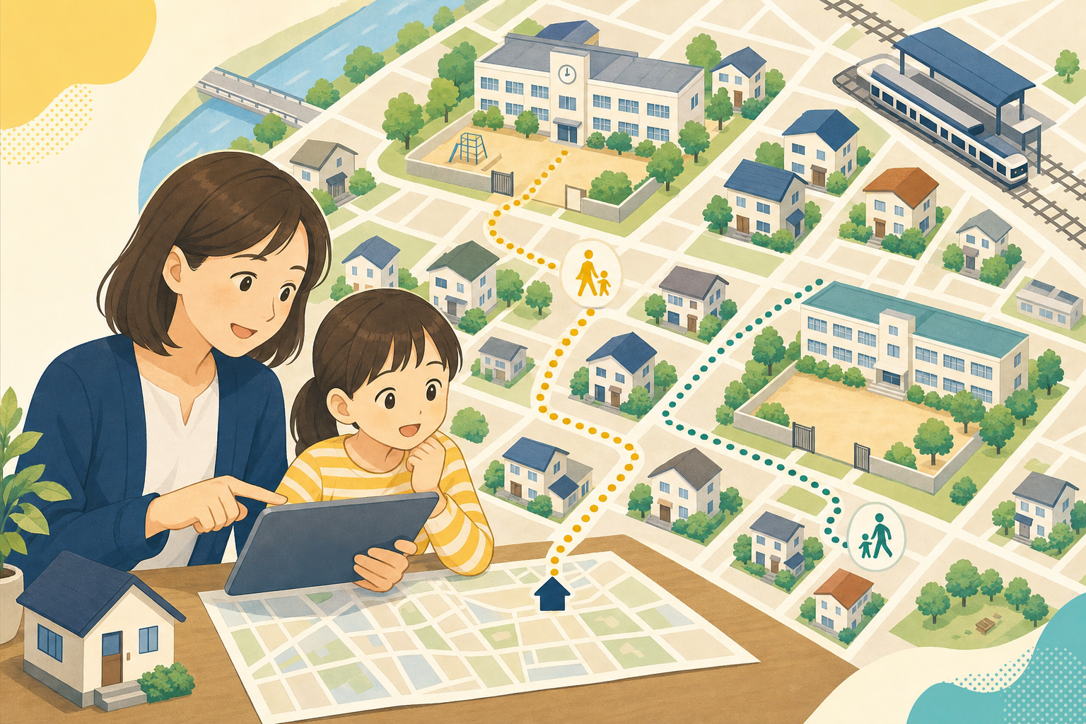大阪市の住宅地図と学校・通学経路を親子で確認するイラスト