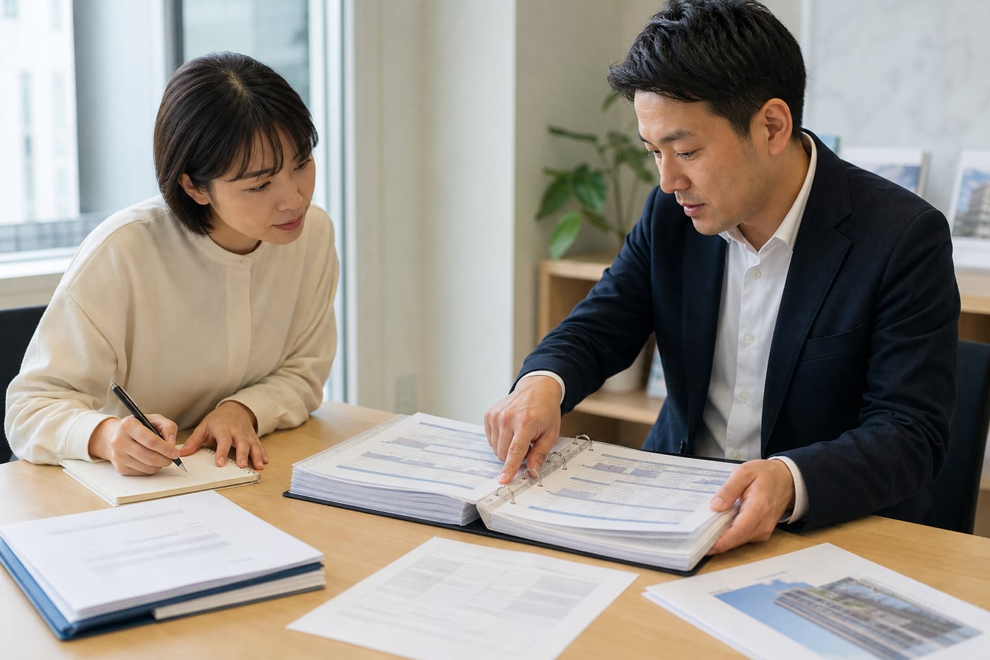 長期修繕計画と決算書と総会議事録を不動産担当者と確認する購入検討者