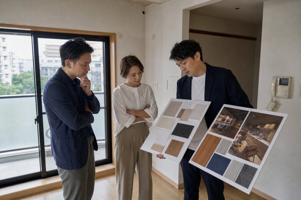買取再販物件で中途半端な部分改修と一貫したリフォーム案を比較する不動産会社の担当者