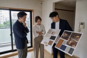 買取再販物件で中途半端な部分改修と一貫したリフォーム案を比較する不動産会社の担当者