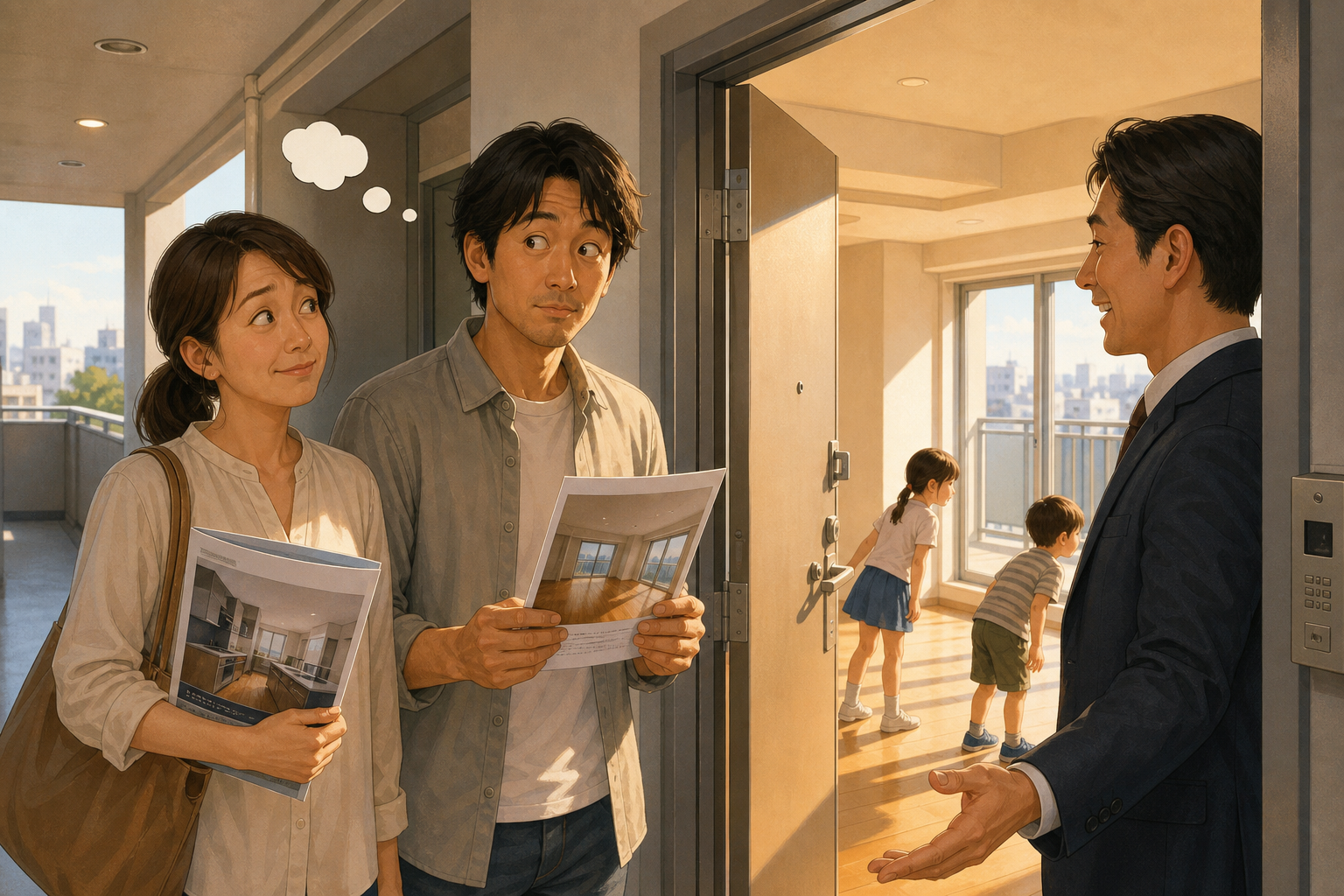 2年後に以前見送ったマンションの別の部屋を内見する家族