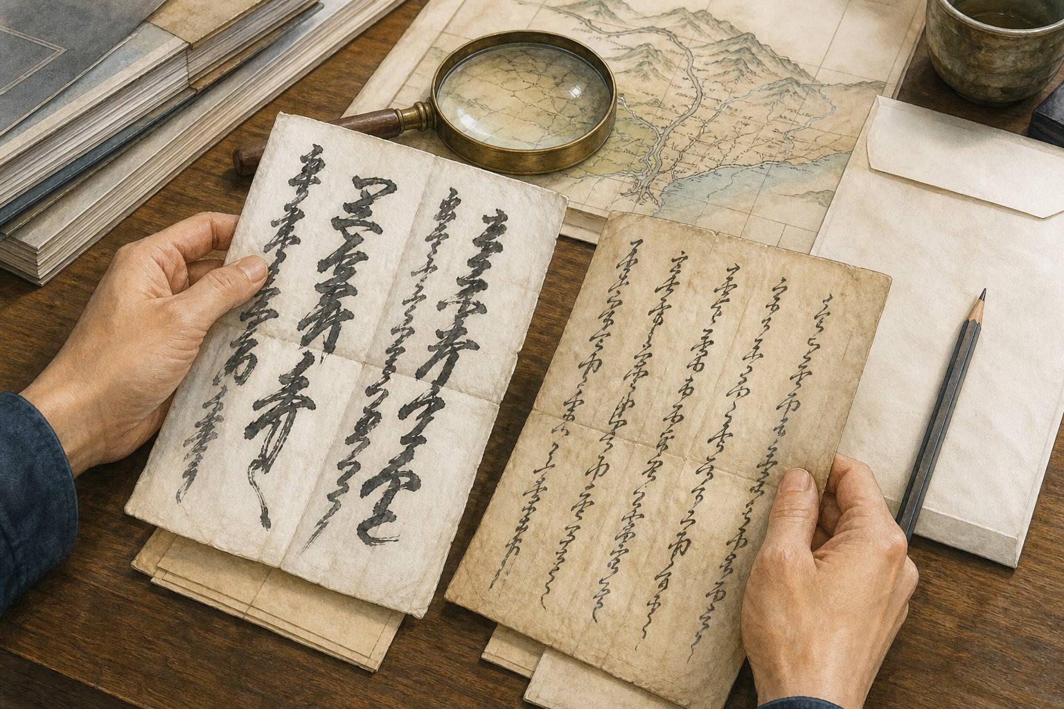 古い家系資料と現代の記録を照合する様子をイメージした場面
