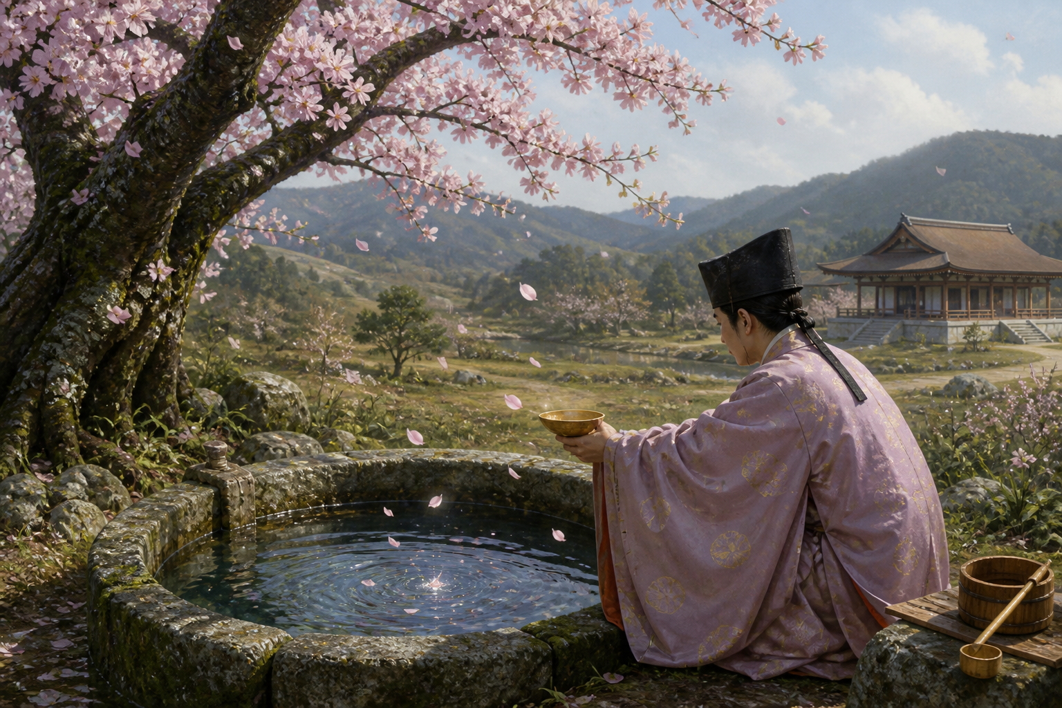 桜の花びらが舞う古代の泉と桜の井伝説をイメージした風景