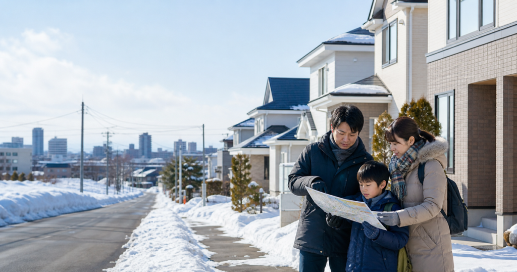 雪の札幌市の住宅地を背景に学区と冬の移動を確認する子育て家族