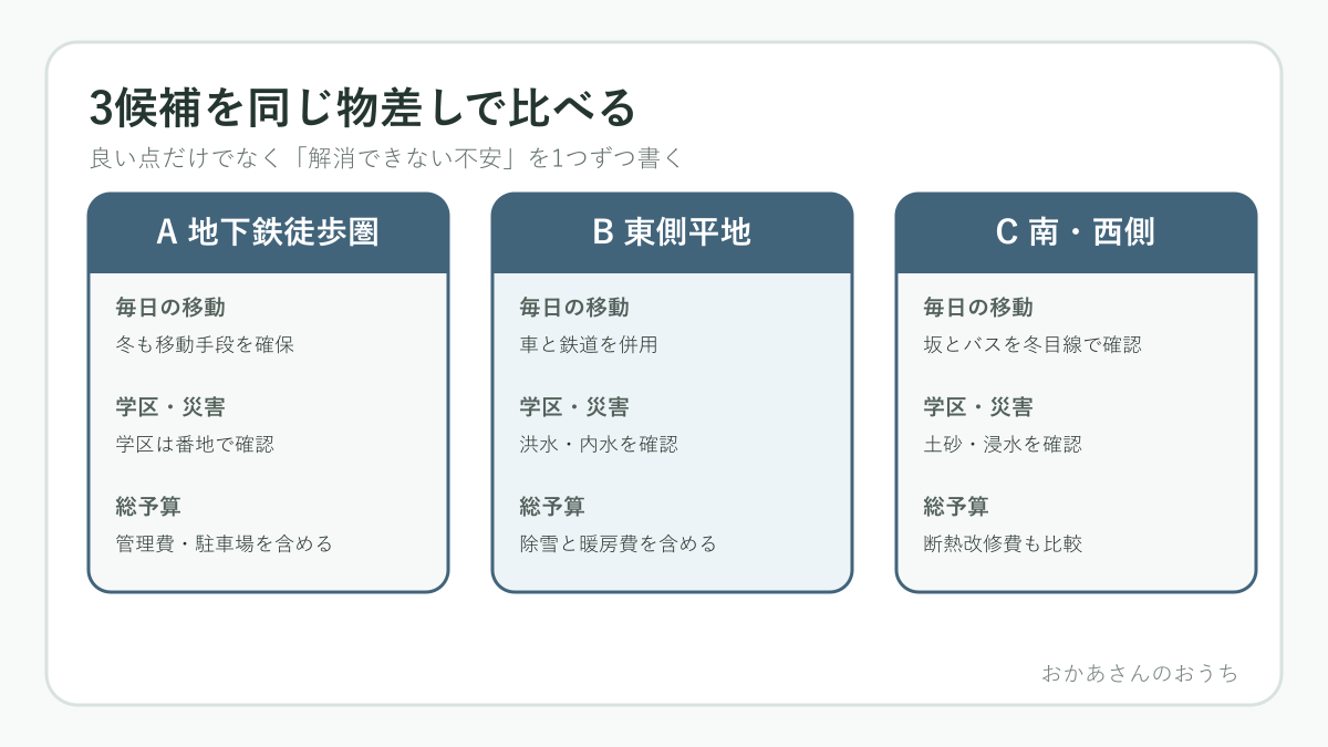 札幌市の三つの住宅候補を移動・学区・災害・総予算で比較する図解