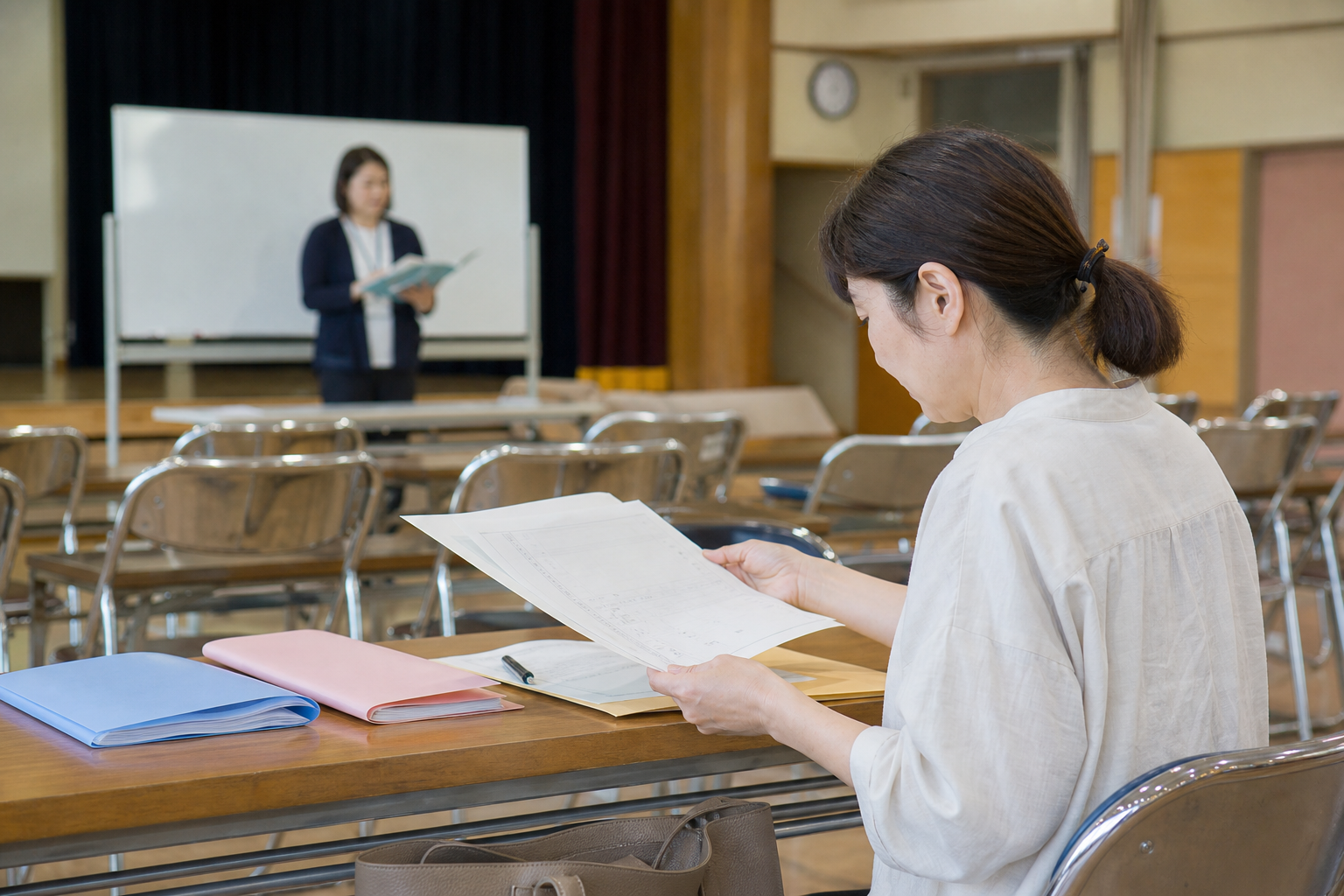 小学校の入学説明会で必要書類を確認する保護者
