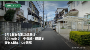 中央線のない生活道路と9月1日からの法定最高速度30km/hを伝える記事のアイキャッチ
