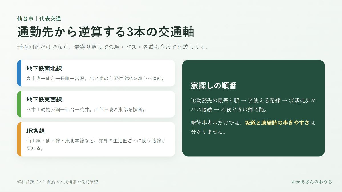 仙台市の地下鉄南北線・東西線・JR各線の交通軸