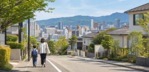 仙台市の緑豊かな住宅地を親子で歩く様子