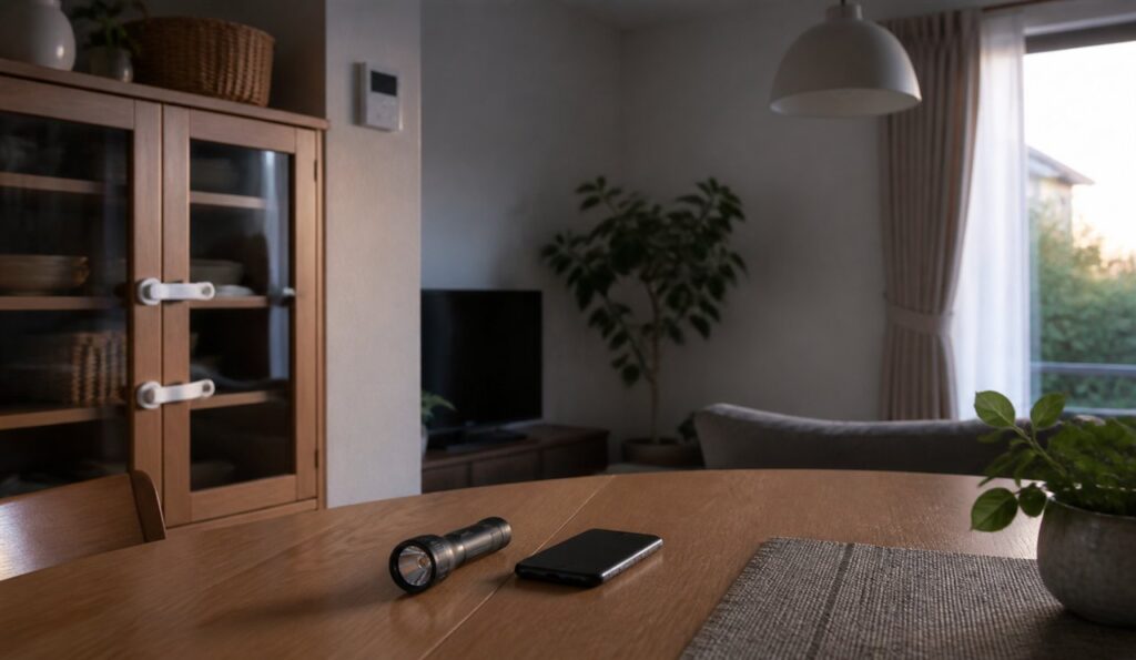 地震後の朝、懐中電灯とスマートフォンが置かれ、扉を固定した食器棚のある室内