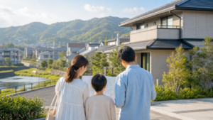 静岡市で地図を見ながら住まい探しをする子育て家族