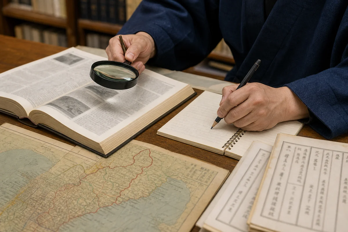図書館で名字辞典や古地図を使って東海林家の由来を調べる様子