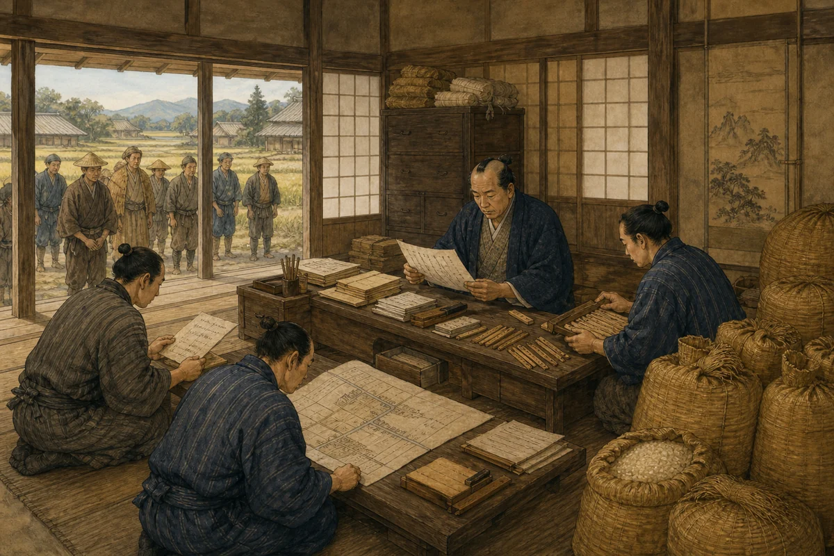 中世の荘園で記録を確認する荘司と人々のイメージ