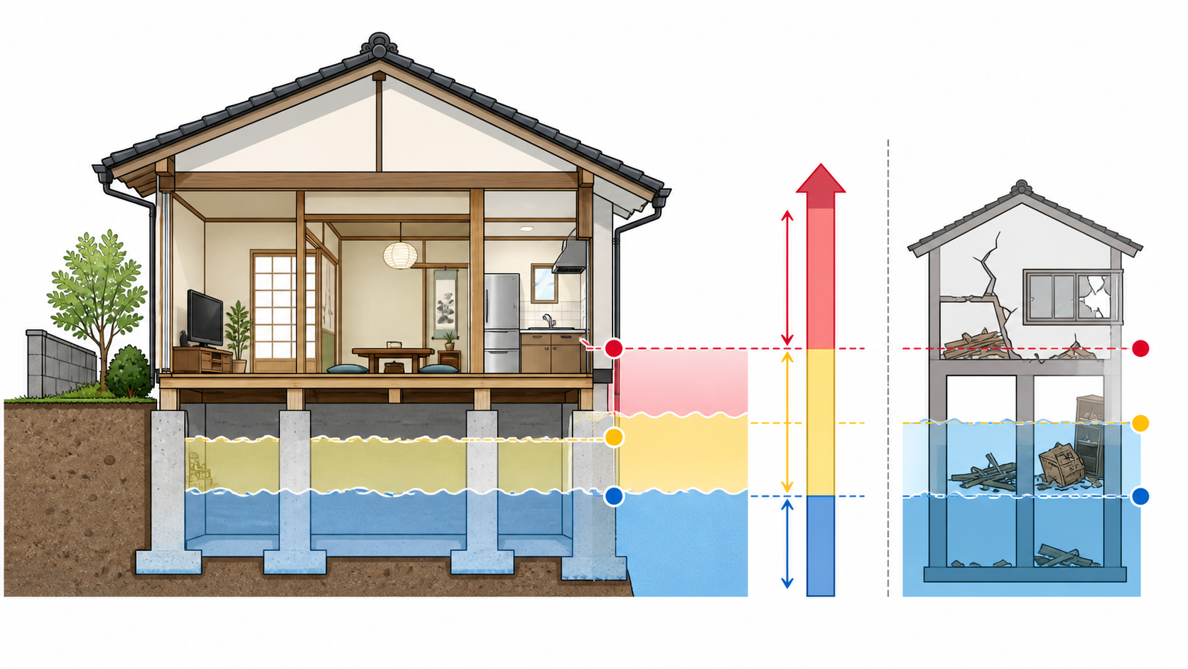 水災補償の床上浸水・地盤面45cm・保険価額30%を分けて示した概念図