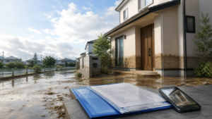 浸水した住宅と火災保険の契約書を確認するイメージ