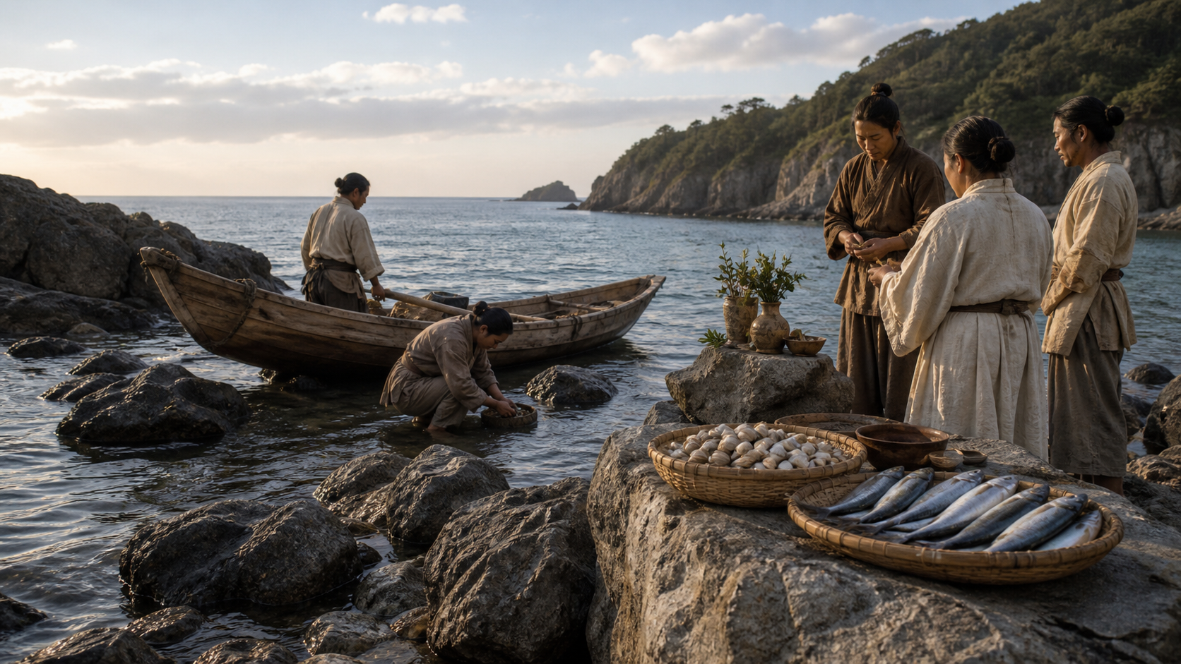安房の海辺で白蛤と鰹を得る古代の人々をイメージした風景