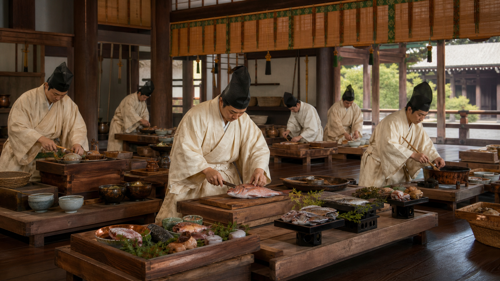古代の宮中で食事を整える高橋氏の祖先をイメージした場面