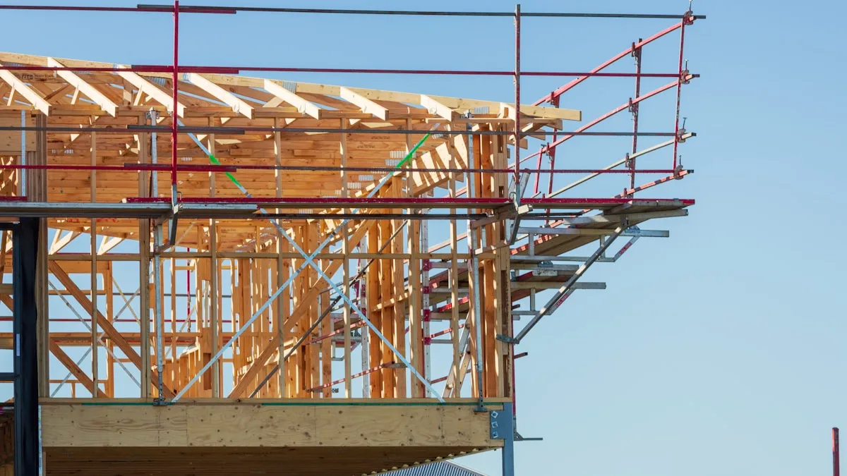 足場が組まれた建築中の木造住宅。柱と梁の骨組みが見えている