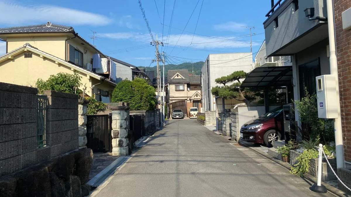 日本の住宅街。道沿いに一戸建てが並んでいる