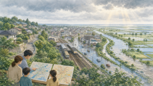 東金市の台地・駅市街地・九十九里平野で洪水と内水を家族が確認するイラスト