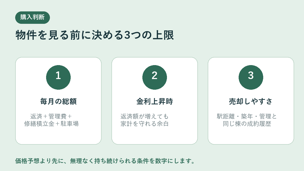 マンション購入前に毎月の総額・金利上昇時・売却しやすさを確認する図