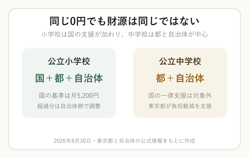 東京都の小学校給食費は国と都と自治体、中学校は都と自治体が支えることを示す図