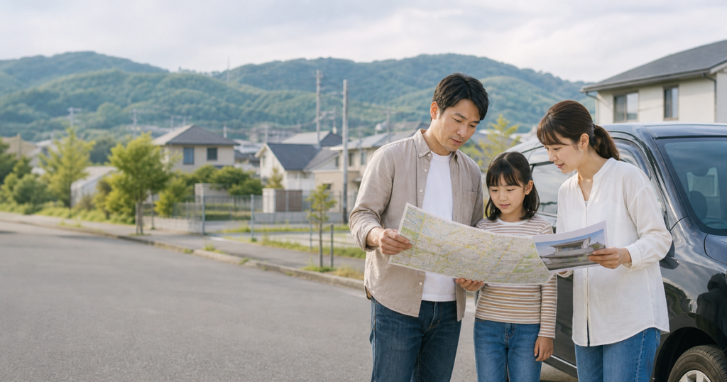 豊田市の住宅地と道路を背景に通勤・送迎・学区を話し合う子育て家族