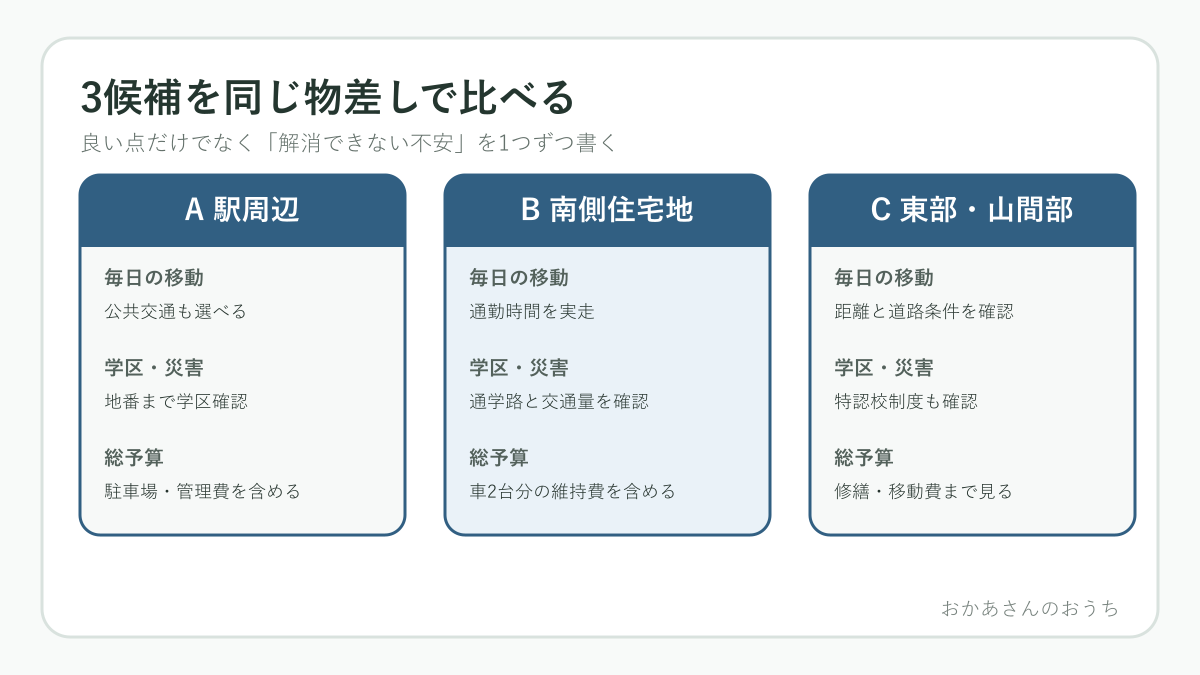 豊田市の三つの住宅候補を移動・学区・災害・総予算で比較する図解