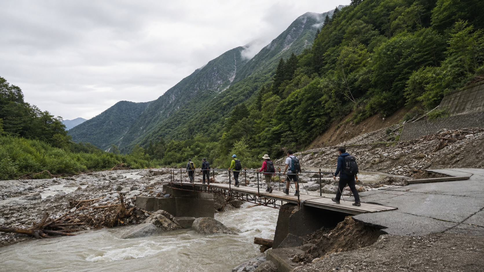 北アルプスの土石流現場に設けられた仮橋を渡る登山者