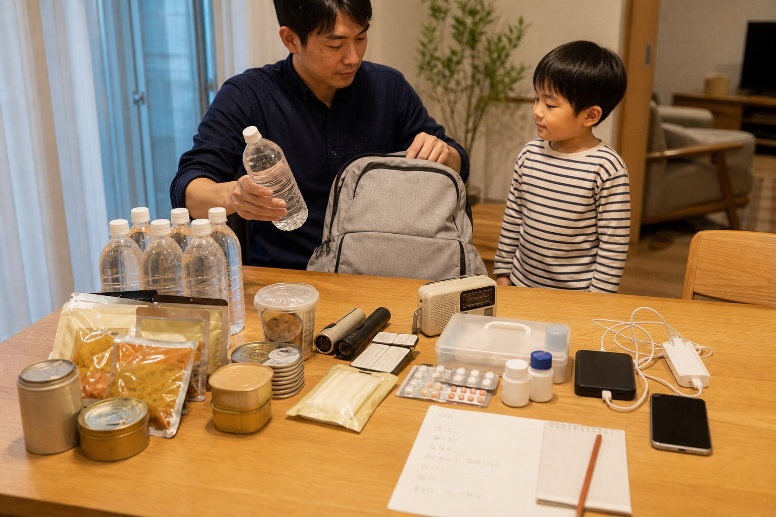 台風に備えて水や食料、懐中電灯、ラジオ、充電器を確認する親子