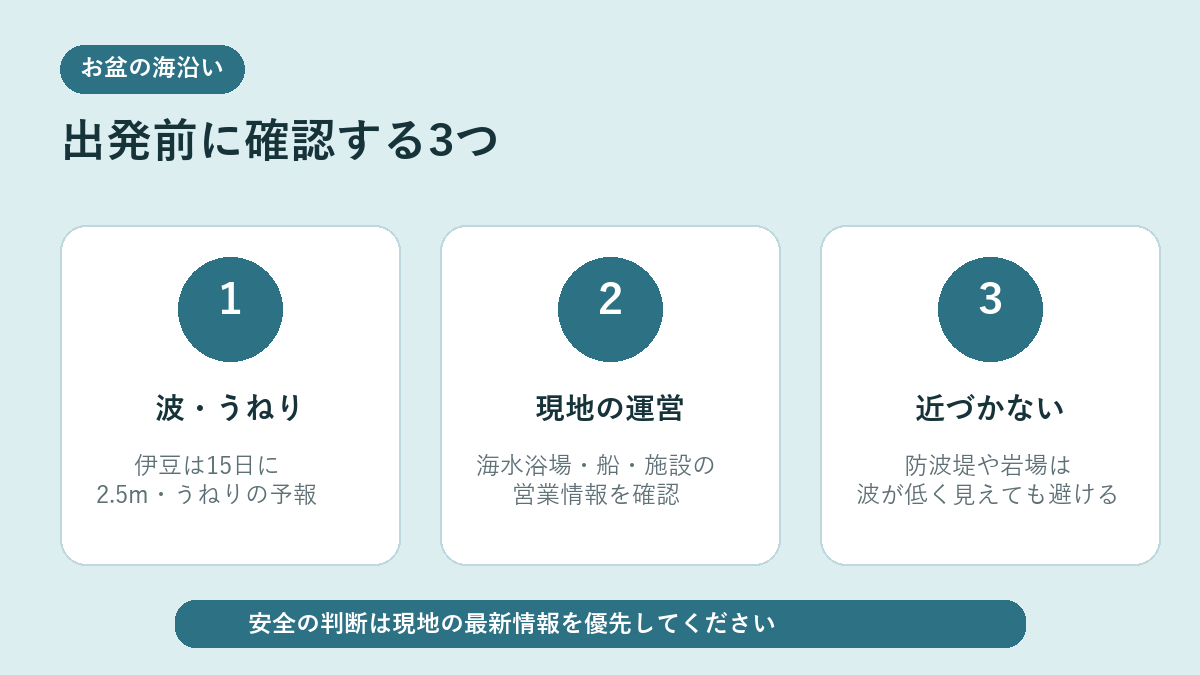 お盆休みの海沿いで波・施設運営・危険な場所を確認する3項目
