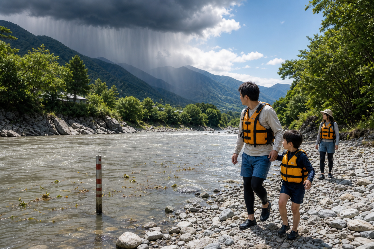 上流の雨に気づいて親子が増水前の川から離れる様子