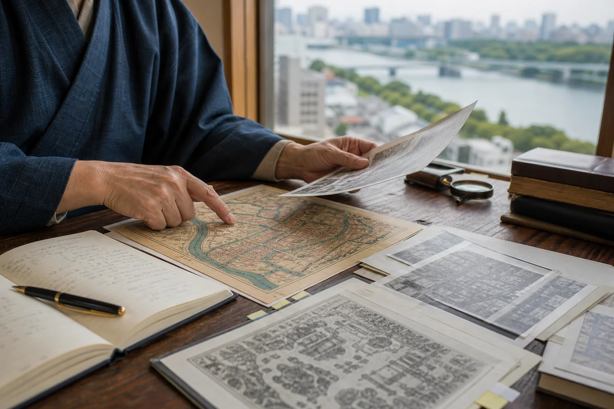 古地図と記録を見比べて渡辺家のルーツを調べる様子
