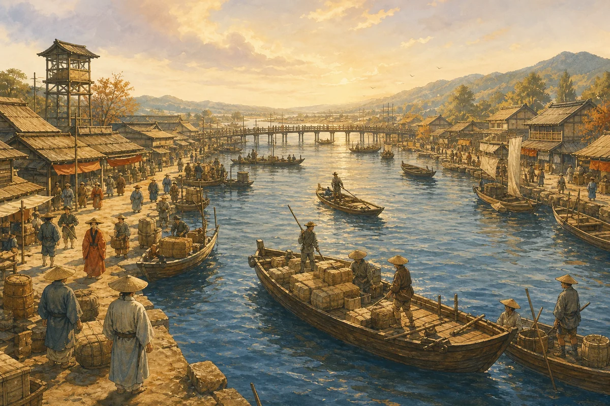 中世の大阪にあった渡辺津の港と船を描いたイメージ