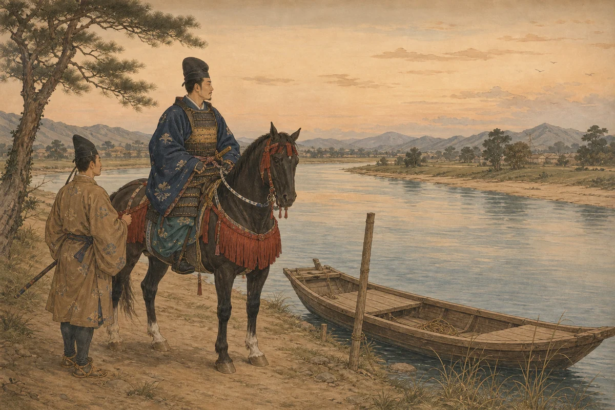 川辺に立つ平安時代の武人と船を描いた渡辺綱のイメージ
