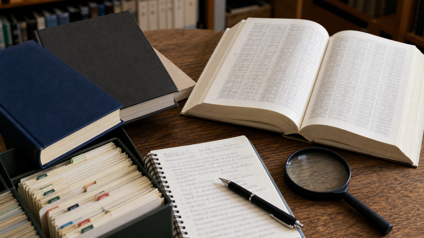 図書館で難読苗字の由来を複数の辞典から調べる様子