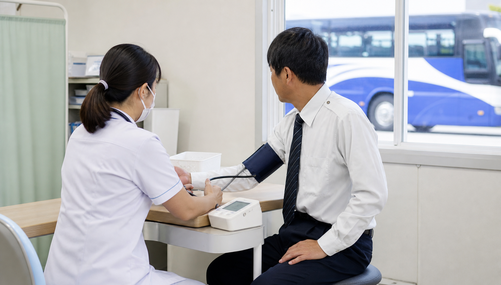 バス営業所の健康管理室で血圧測定を受ける運転手