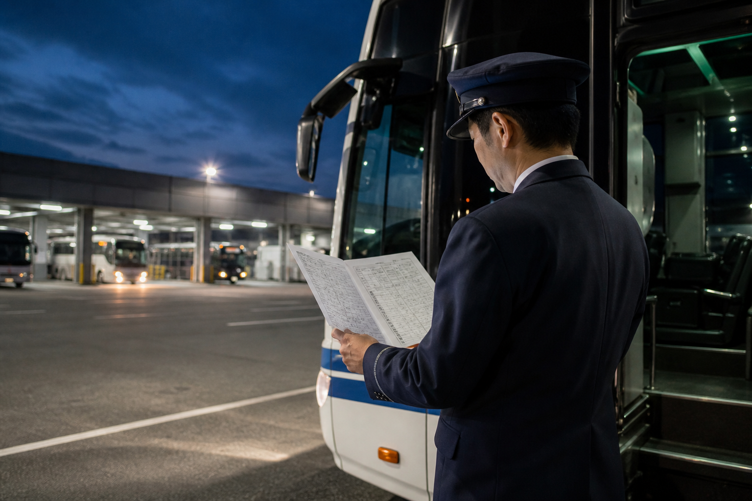 夜行便の出発前に運行表を確認する高速バス運転手