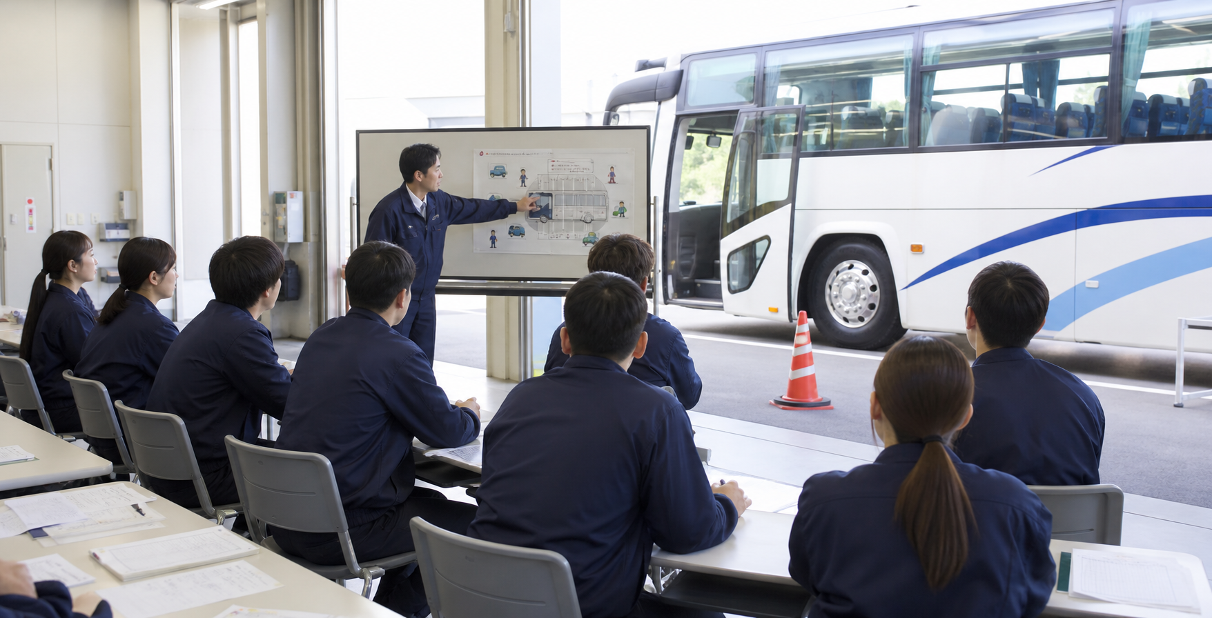 高速バスのそばで安全運転研修を受ける若手社員