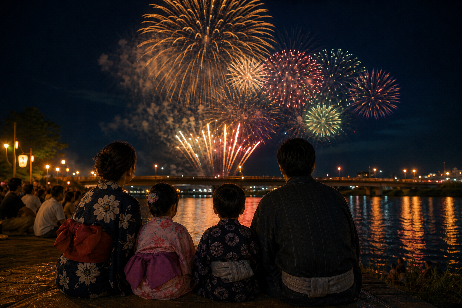 川辺で夜空の花火を見上げる家族