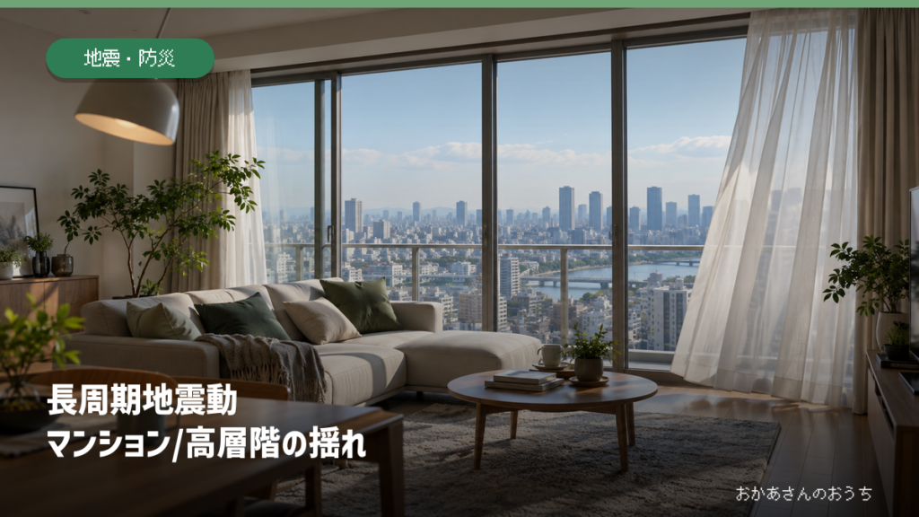 高層マンションのリビングと長周期地震動をイメージした生成画像