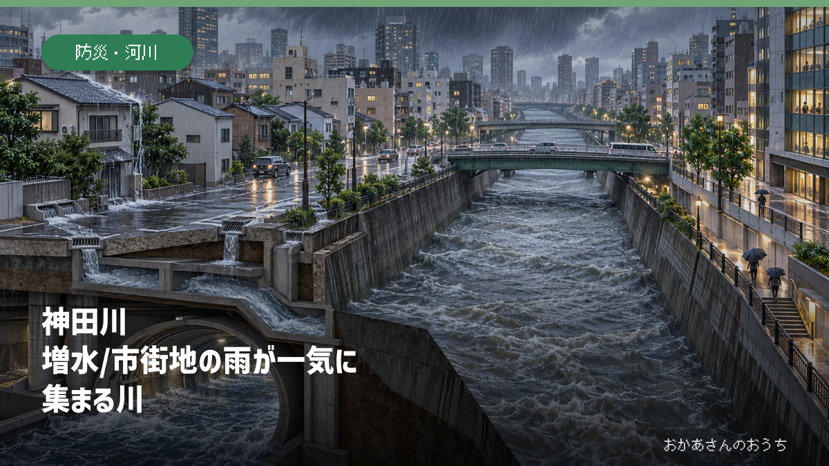 神田川 増水/市街地の雨が一気に集まる川を示すAI生成の模式イラスト