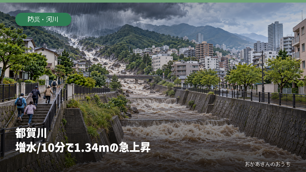 都賀川 増水/10分で1.34mの急上昇を示すAI生成の模式イラスト