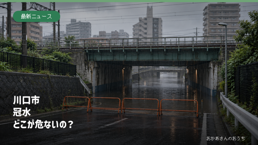 大雨で冠水し通行止めになった川口市を想定した都市部の鉄道下道路（生成AIによるイメージ）