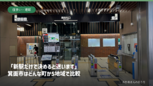 箕面萱野駅南改札口の実景を背景にした箕面市の記事アイキャッチ