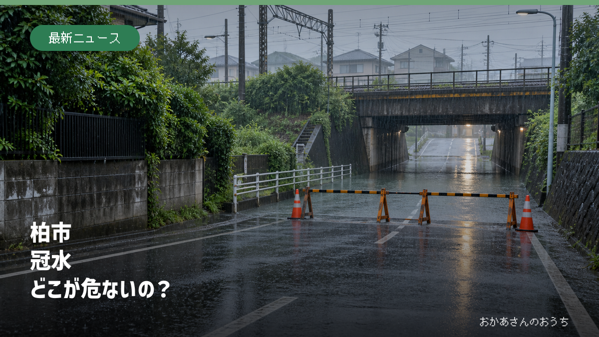 大雨で冠水し通行止めになった柏市を想定した鉄道下の道路（生成AIによるイメージ）