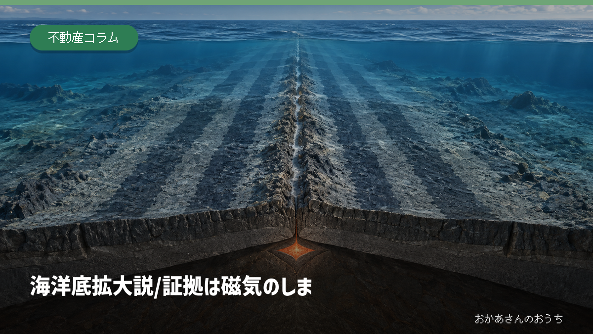 中央海嶺をはさんで左右対称に並ぶ海底磁気のしまを表すアイキャッチ画像