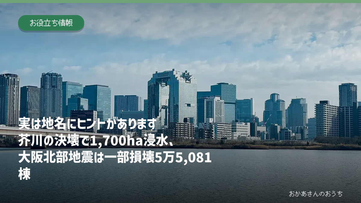 淀川、神崎川、北摂山地の高低差と大阪北部の地名を表したアイキャッチ