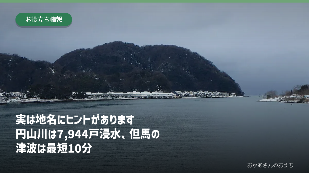 円山川、豊岡盆地、但馬海岸と兵庫県北西部の地名を表したアイキャッチ