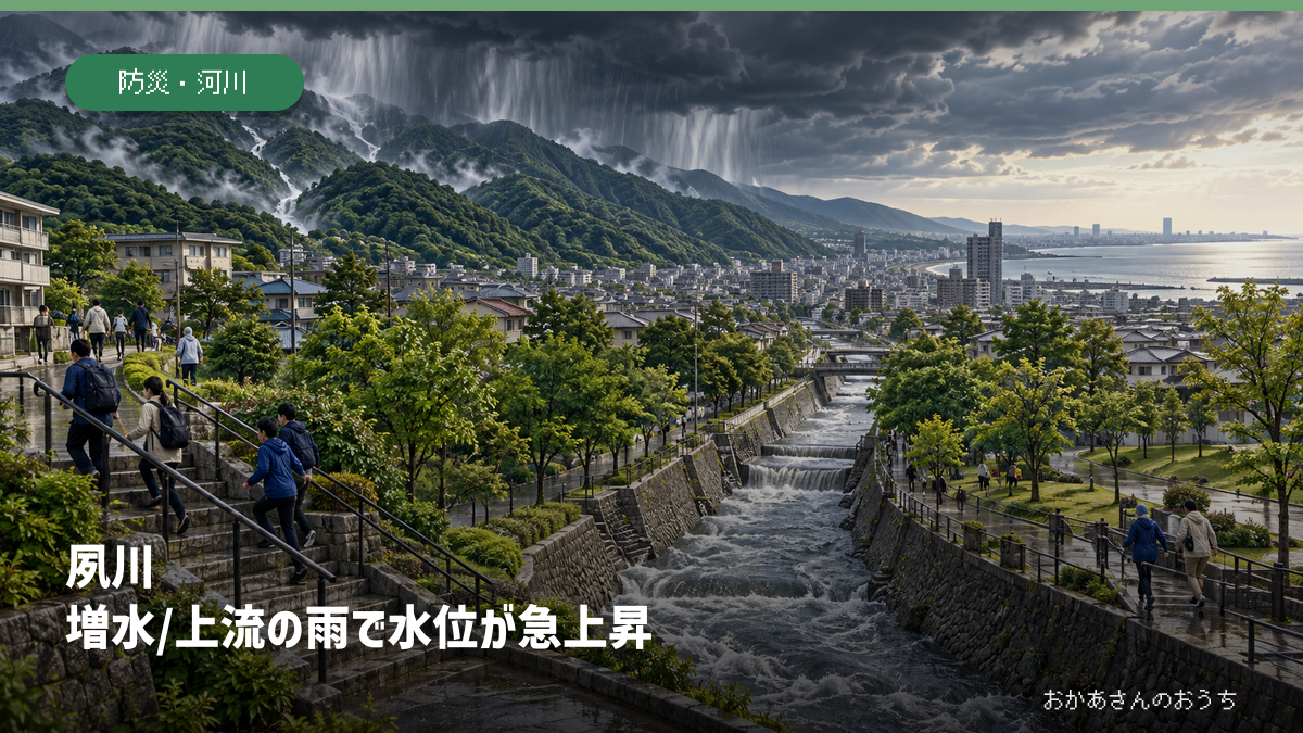 夙川 増水/上流の雨で水位が急上昇を示すAI生成の模式イラスト